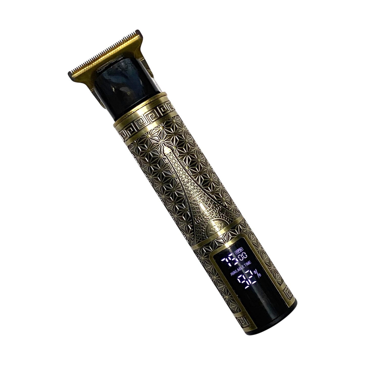 Decorative hair trimmer with digital display on a white background