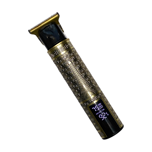 Decorative hair trimmer with digital display on a white background