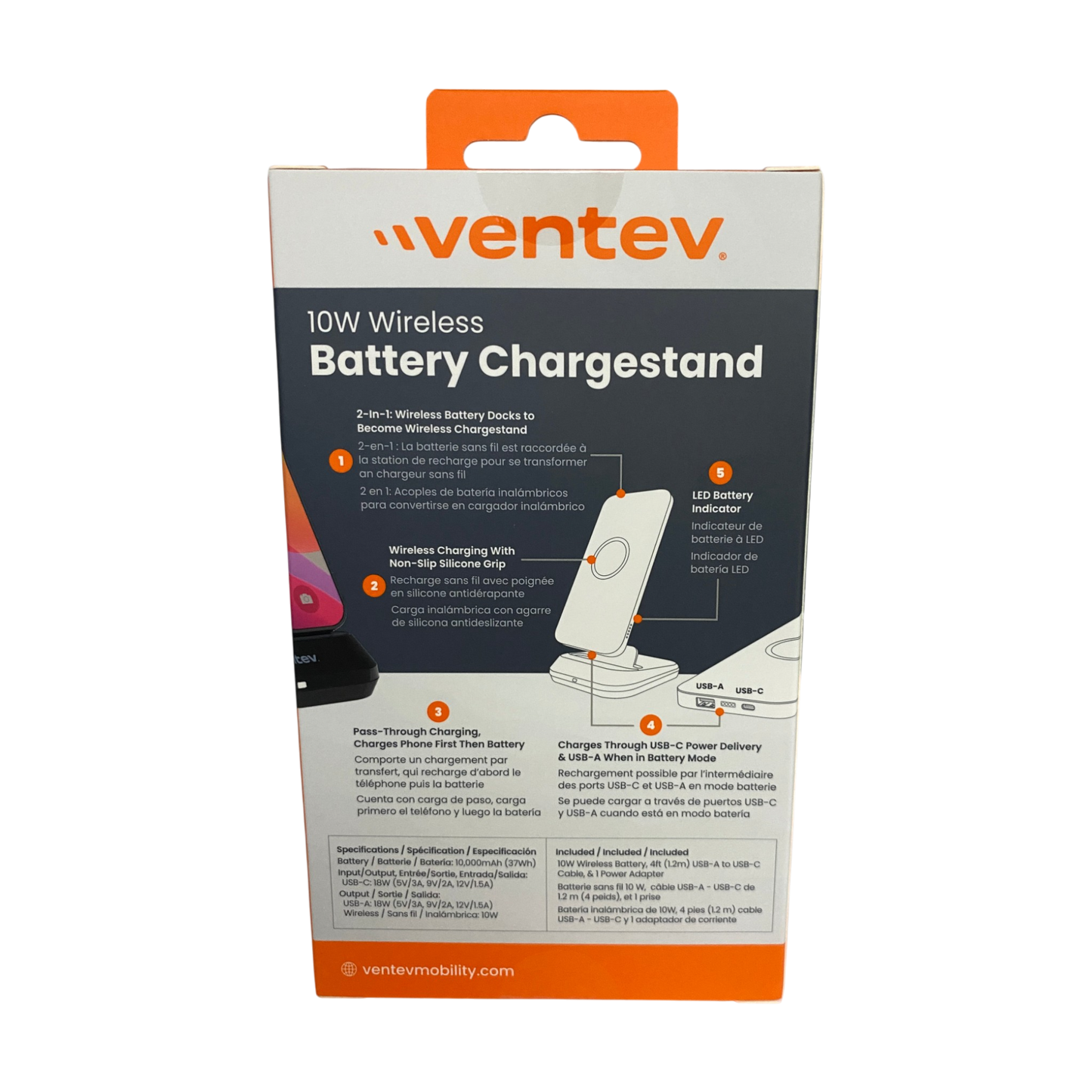 Ventev Wireless Battery Charge Stand 10W 10,000 mAh, Black